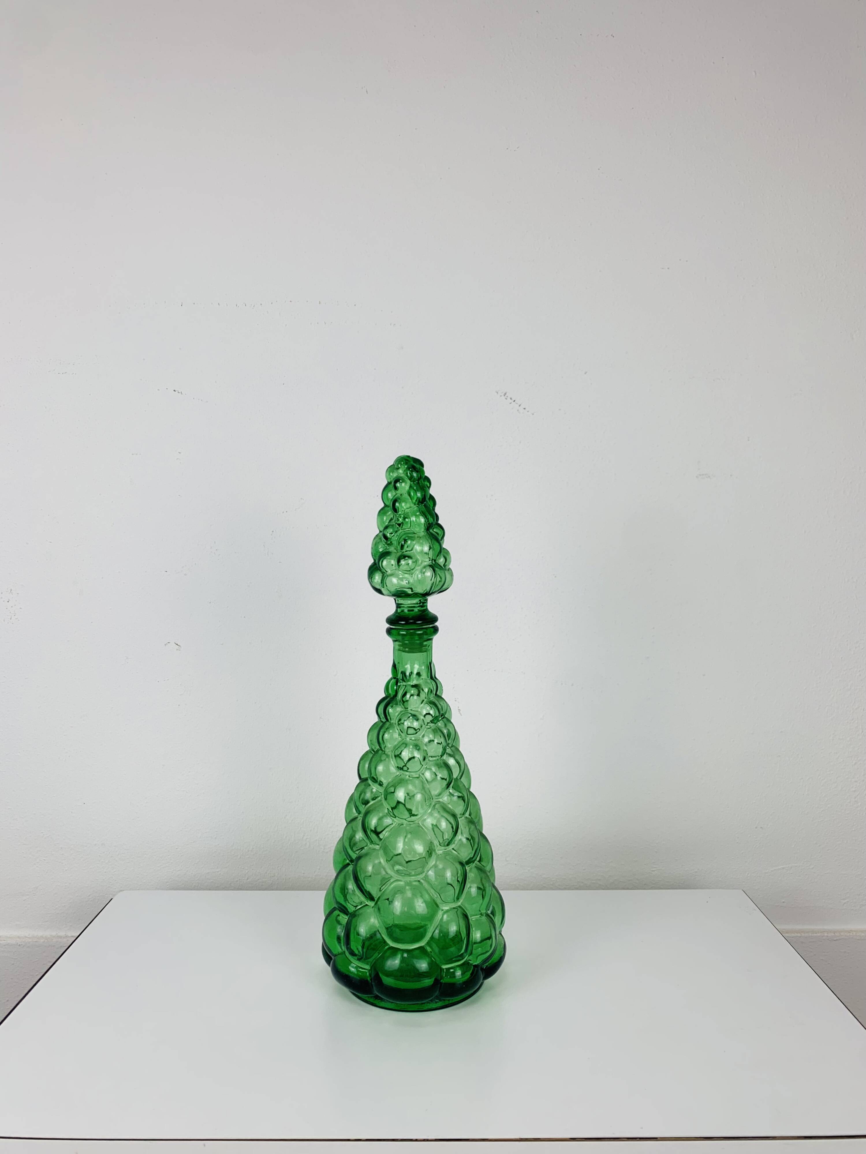 Empoli bubble green carafe 40 cm, Italian glass bottle