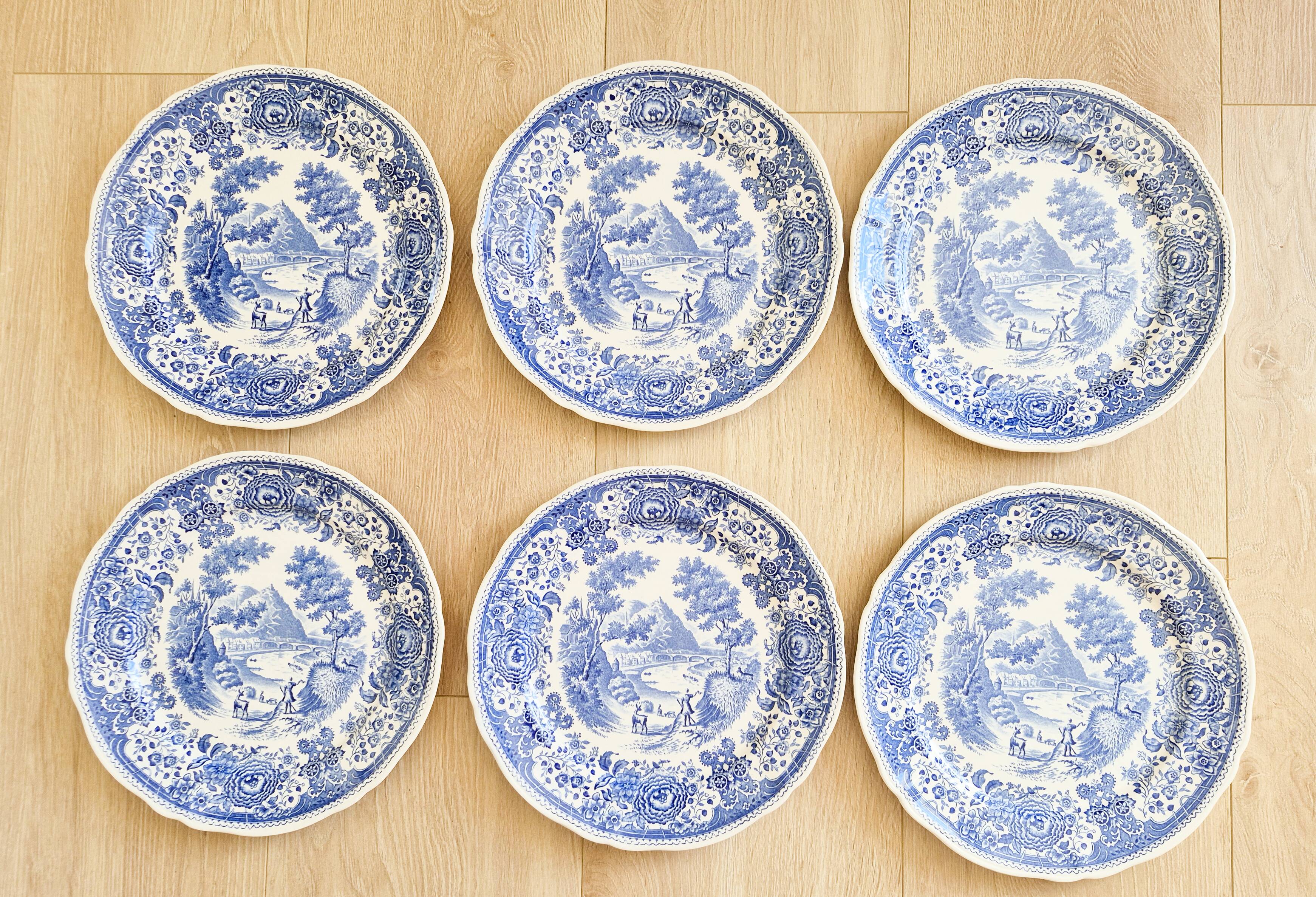 6 flat plates in porcelain by Villeroy and Boch, blue, Burgenland