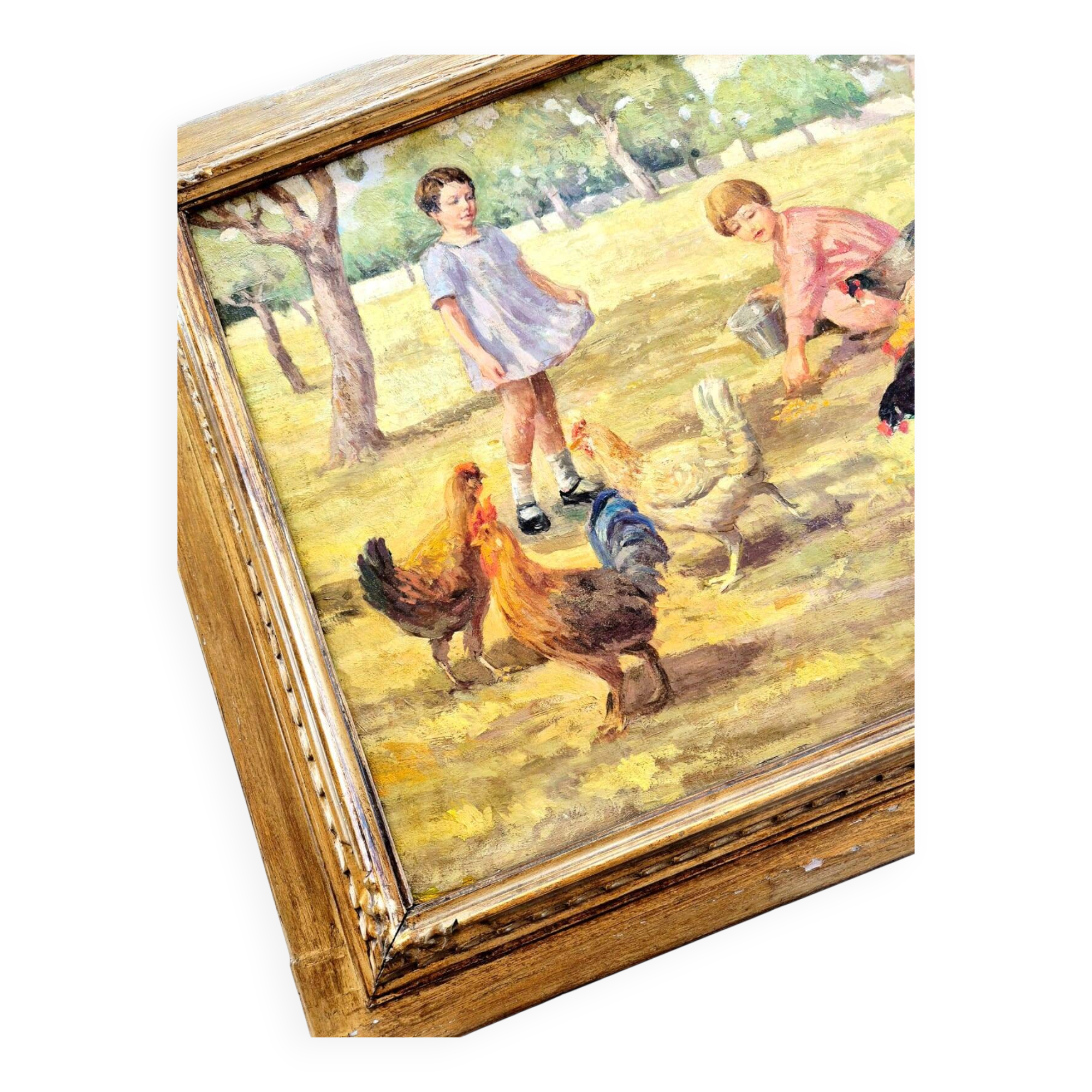 Oil Painting on Canvas "Children at the Farm" Signed Lo Presti - Gilded Frame