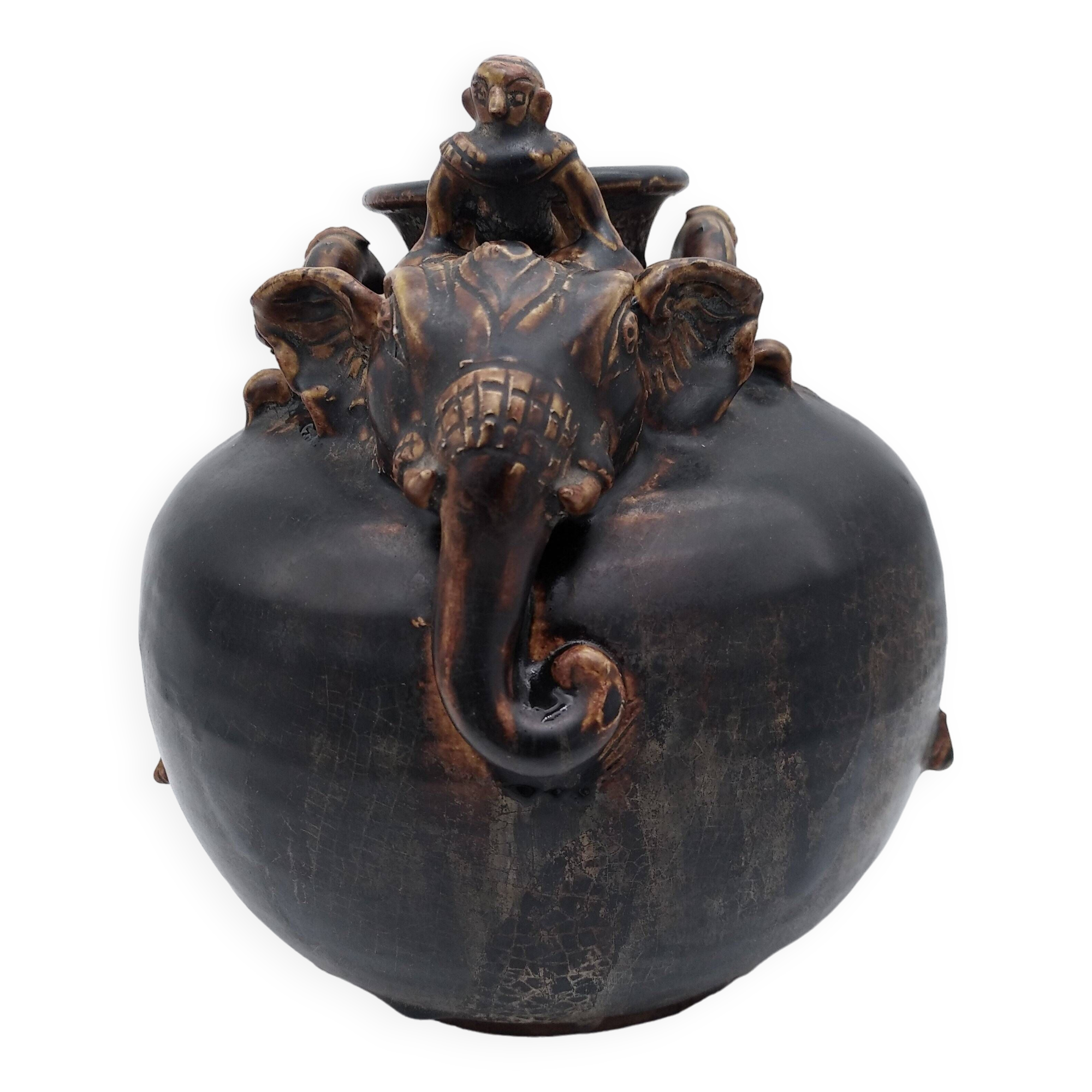 Antique Khmer ceramic vase. With elephant decoration.