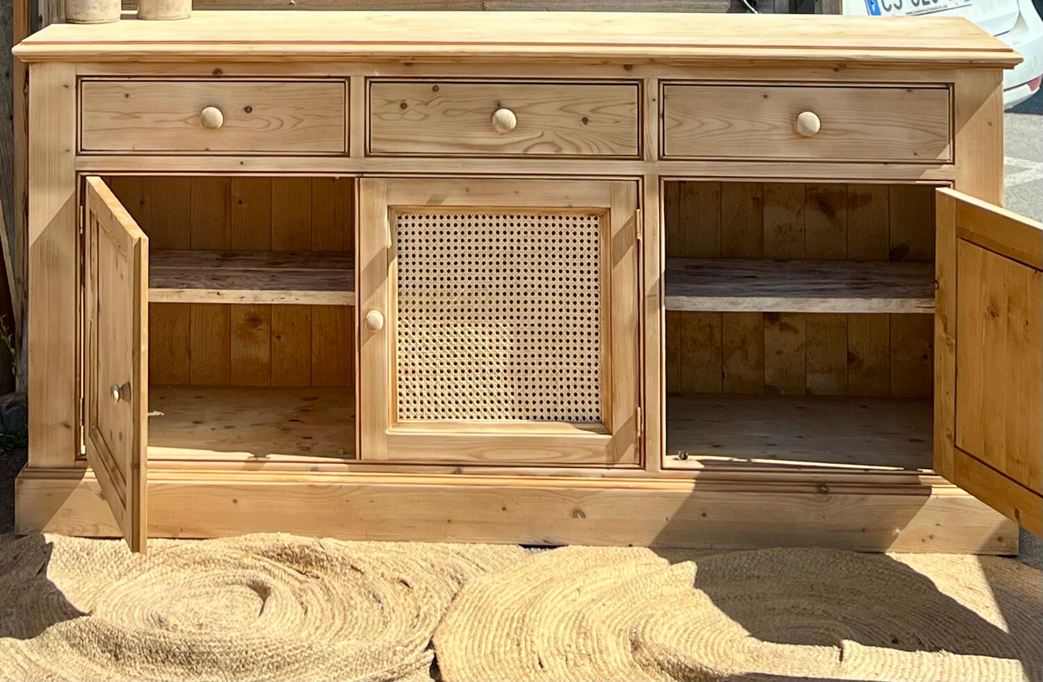 Renovated enfilade - solid raw wood sideboard with cane work