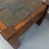 Vintage Brutalist Oak and Slate Coffee Table from the 60s-70s