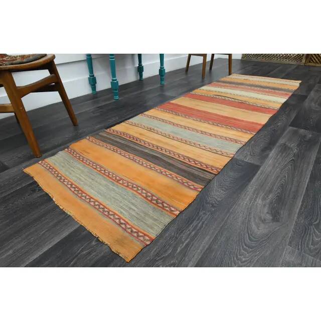 1970s Vintage Turkish Oushak Handmade Wool Cotton Orange Runner Rug 83x284