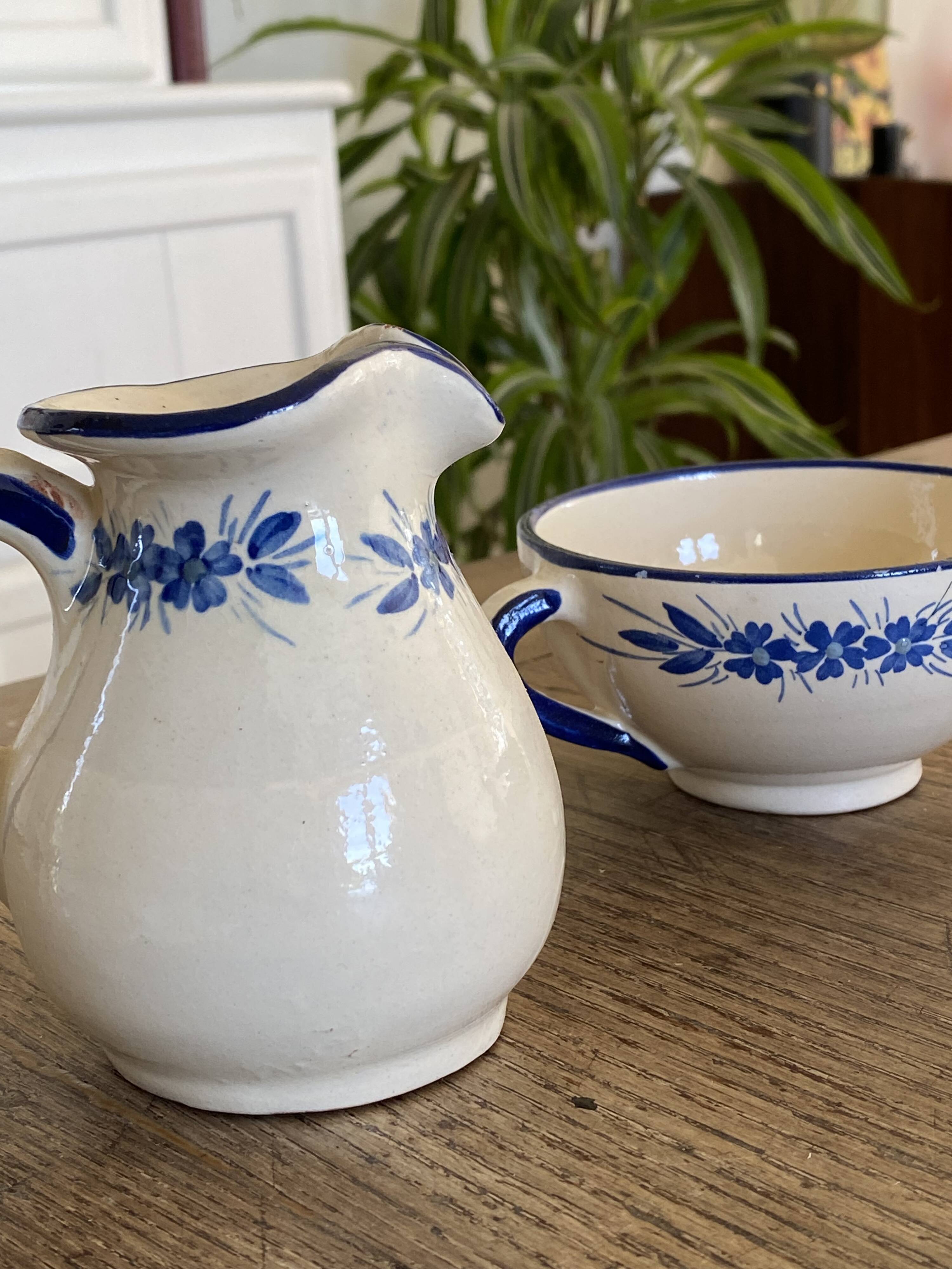 Handcrafted ceramic pitcher and bowl signed – blue decor – vintage tableware