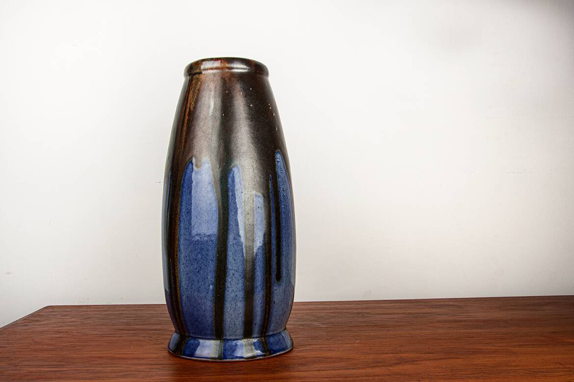 Large Art Deco vase, blue glazed ceramic, Léon Pointu, Puisaye stoneware