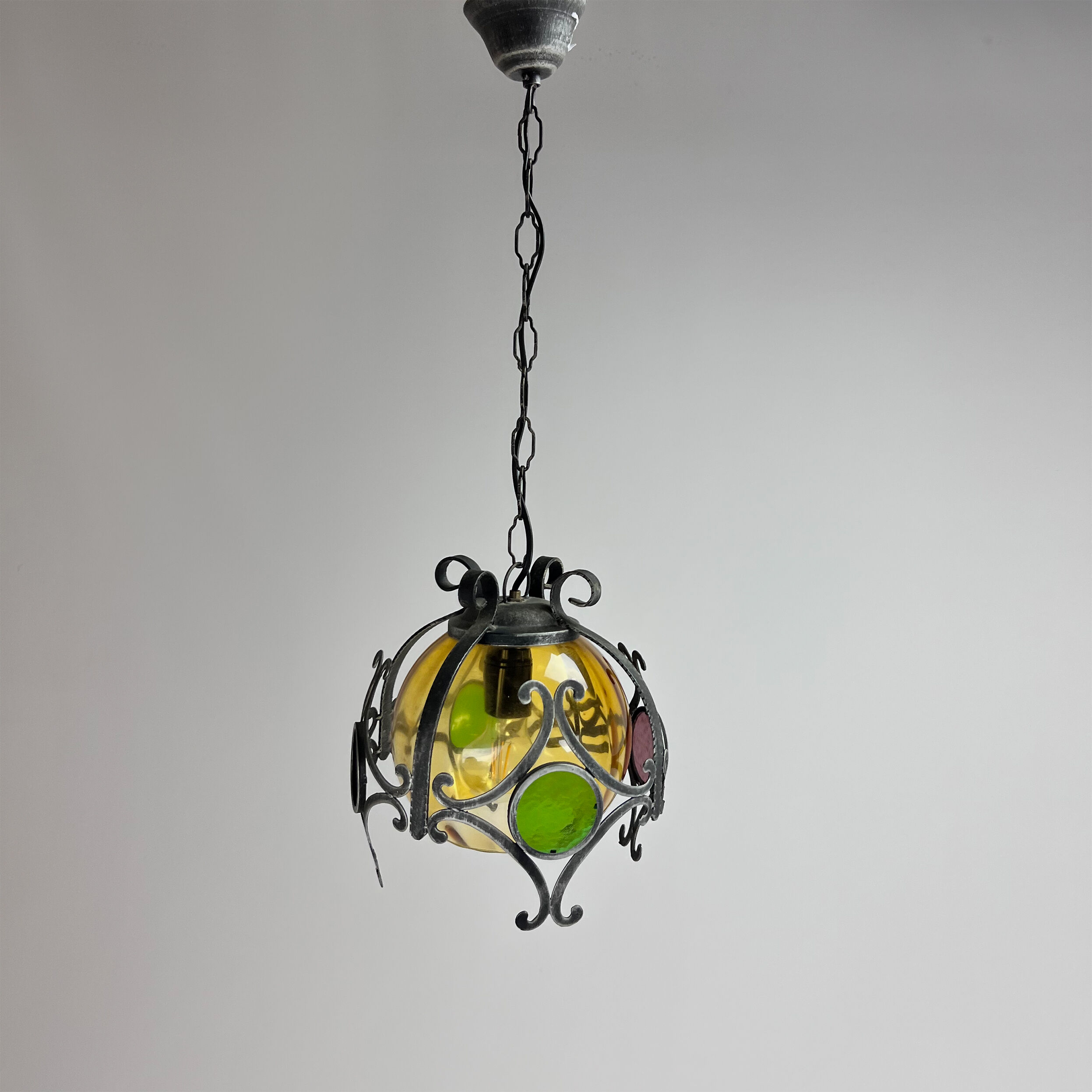 Brutalist cast iron and colored glass pendant, 1970s