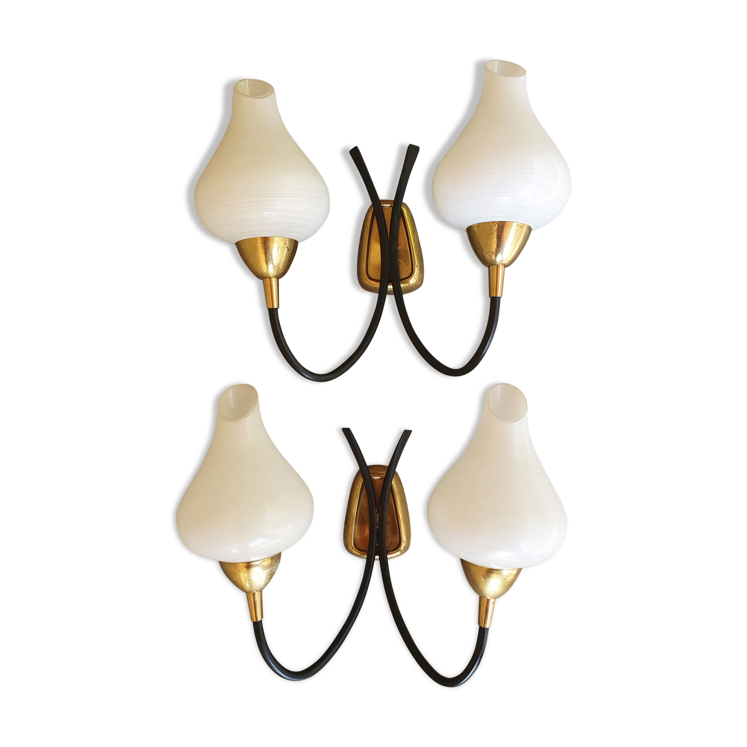 Pair vintage sconces, brass, steel and opaline 1950