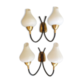 Pair vintage sconces, brass, steel and opaline 1950