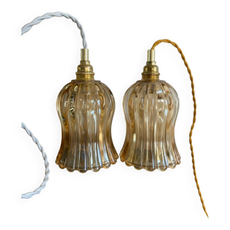 Pair of portable lamps with vintage amber glass globes