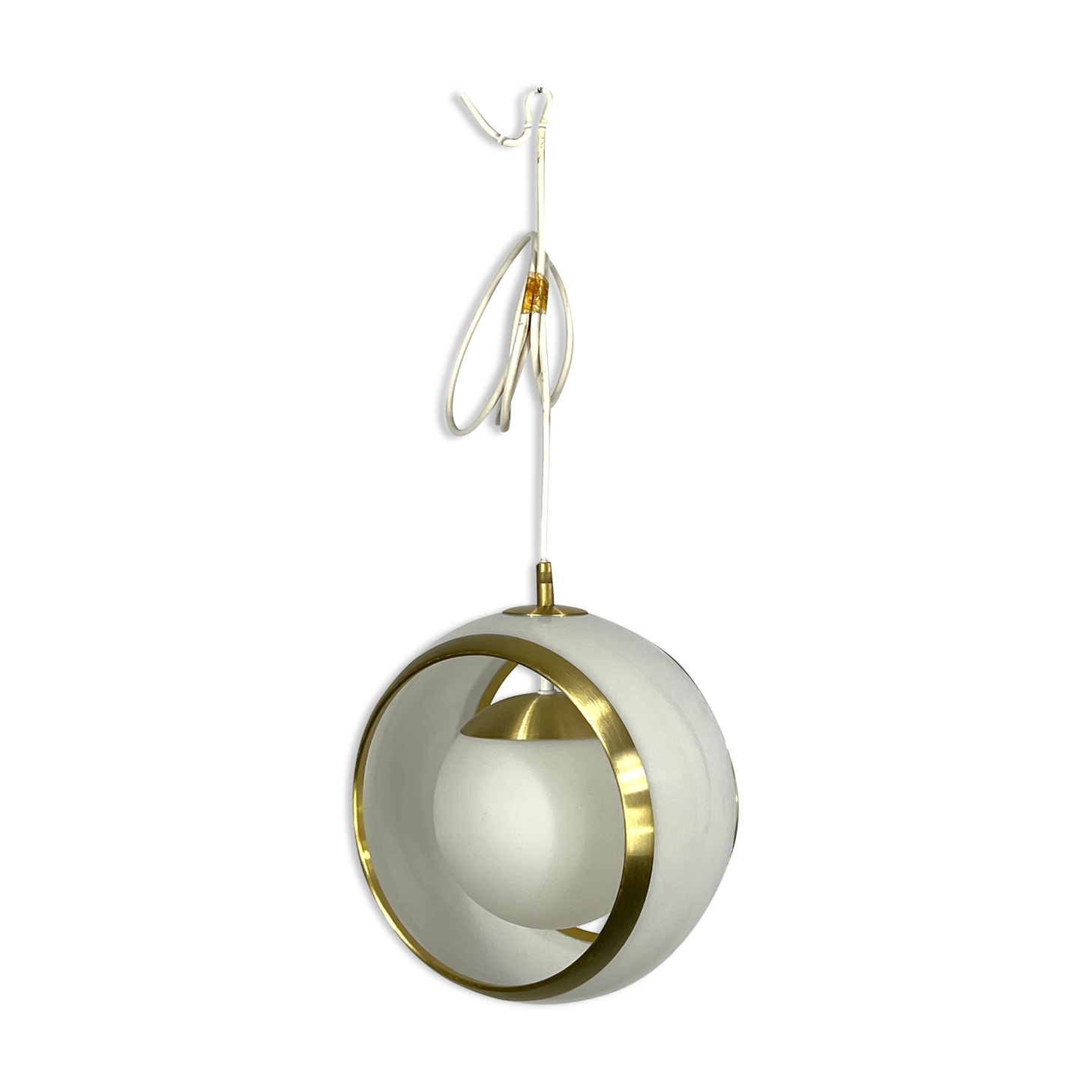 Stilux Milano, gilded aluminum, opaline and perspex pendant. Italy 1960s
