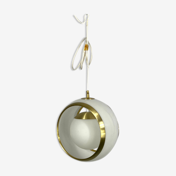 Stilux Milano, gilded aluminum, opaline and perspex pendant. Italy 1960s
