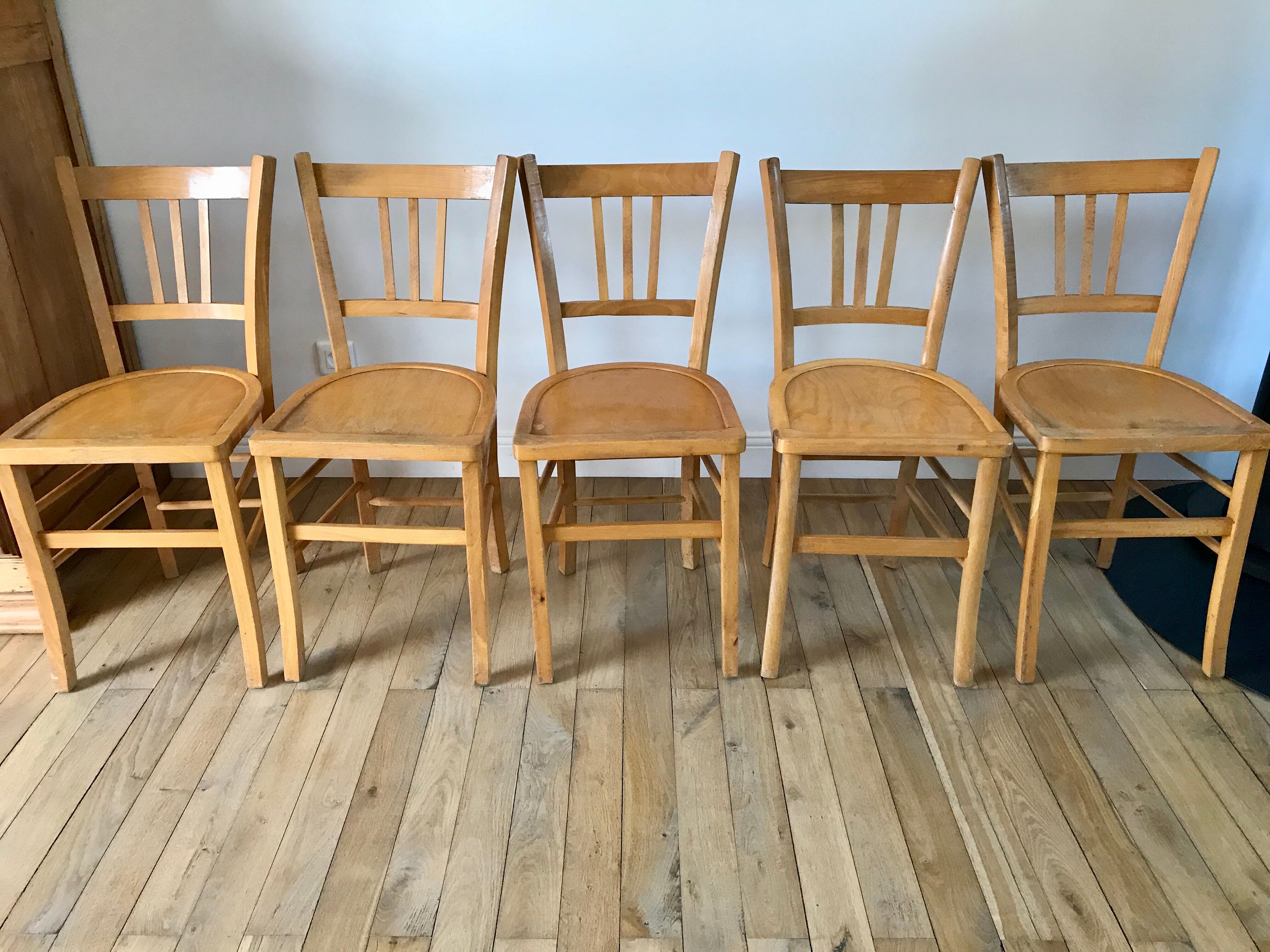 Set of 5 Luterma light blond wood bistro chairs from the 50s