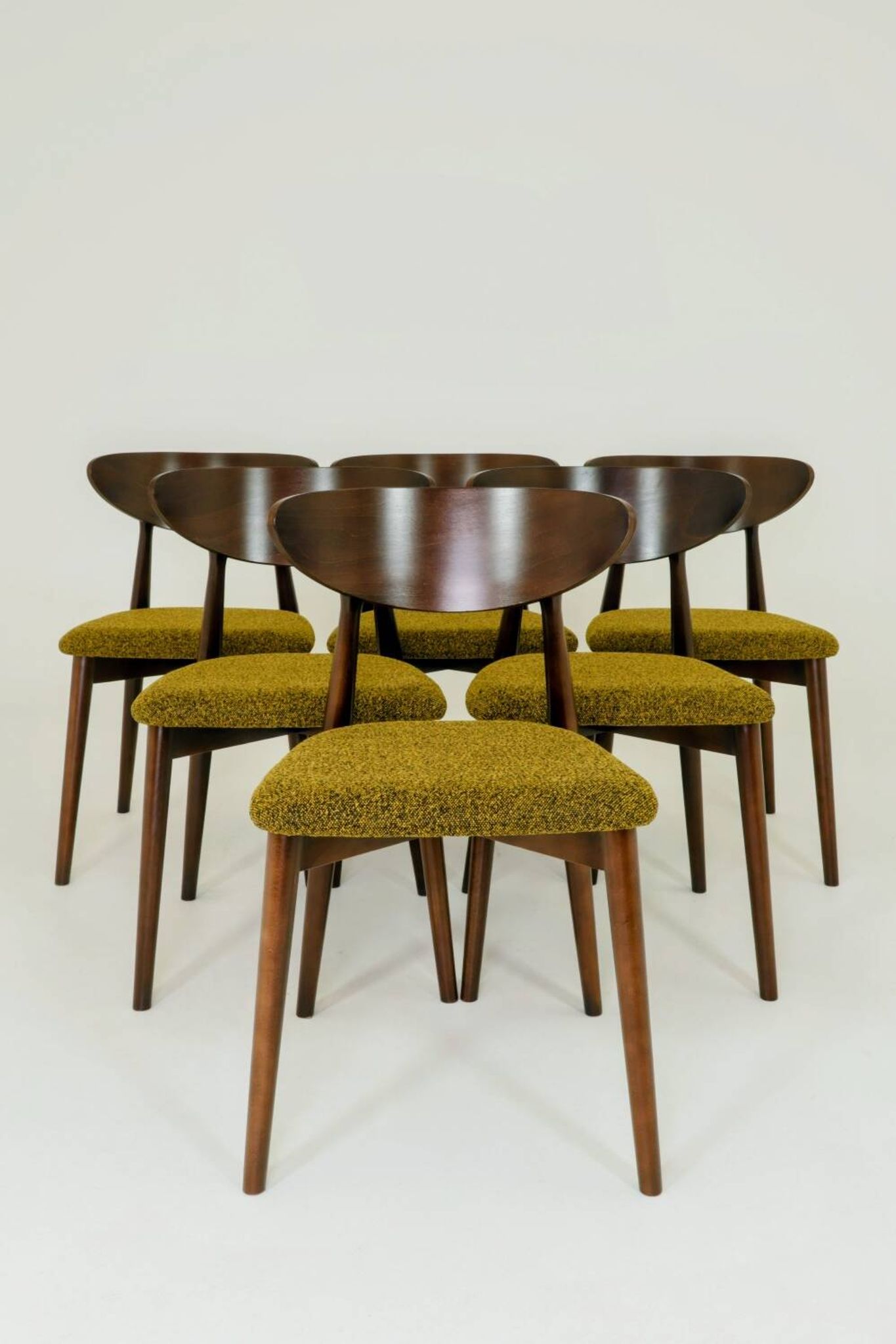 Set of 6 Modern Beech Wood Dining Chair, Yellow Bouclè, Dark Wood