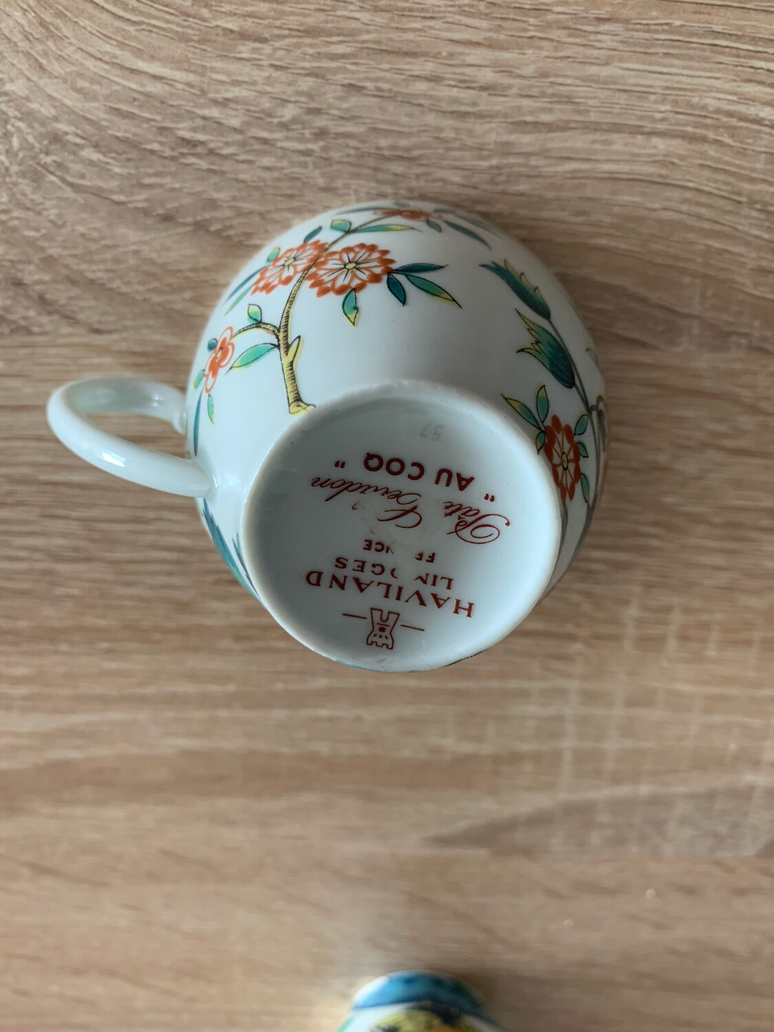 Lot 4 cups haviland limoges paste celadon with rooster