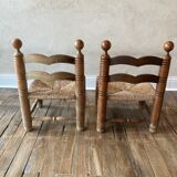 Suite of two low chairs in wood and straw 1960
