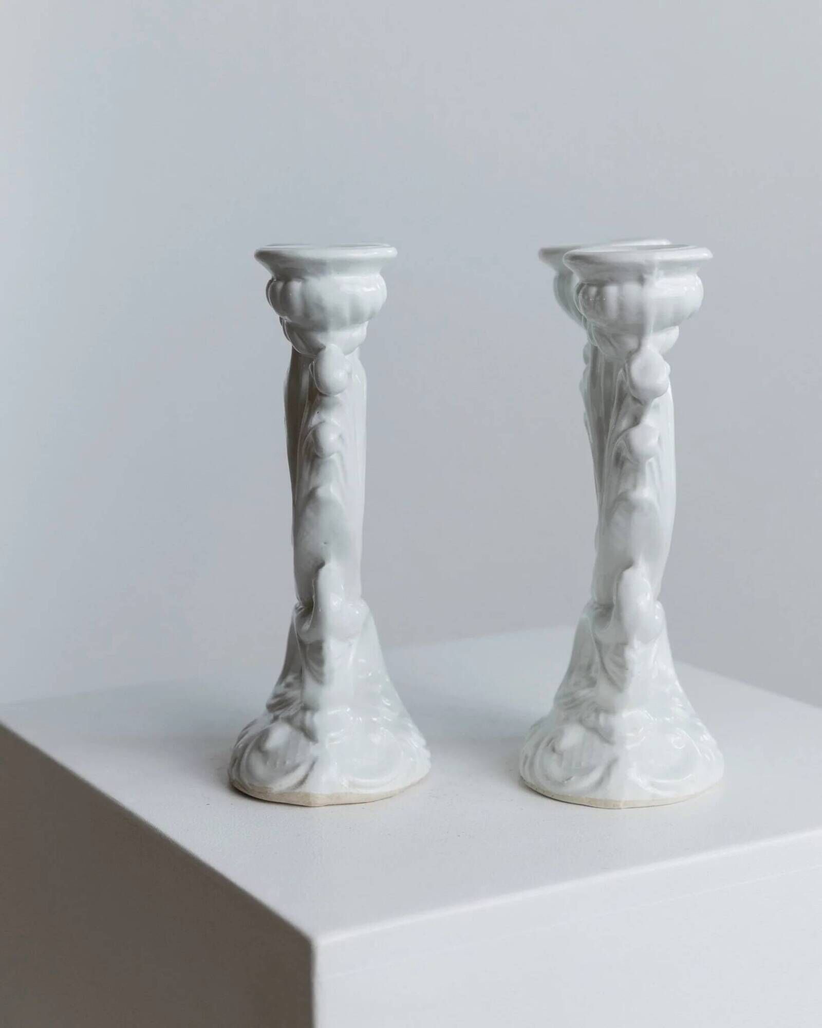 Two White Biscuit Porcelain Candleholders, Vintage Ceramic Candlesticks, Italy 1930s – Elegant Rococo-Style Decor