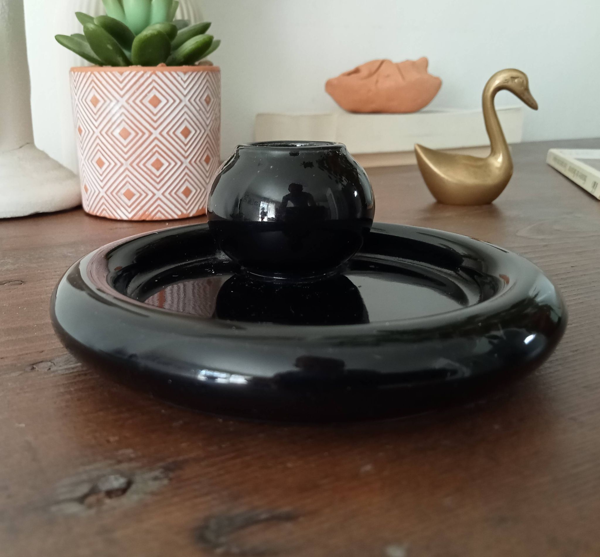 Bougeoir et sa coupelle vintage en céramique noire