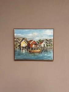 Mid-Century Oil on Canvas “houses with Boat” by Unknown, Vintage & Framed
