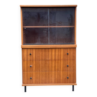 Commode, buffet 2 corps vitré scandinave en bois, 3 tiroirs