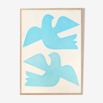 Grande peinture 50x70cm - birds - bleu clair - signée Eawy