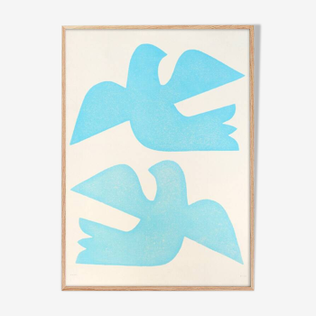 Large painting 50x70cm - birds - light blue - signed Eawy