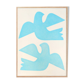 Large painting 50x70cm - birds - light blue - signed Eawy