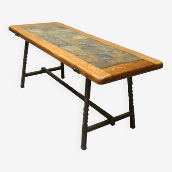 Table basse en chêne, ardoise & fer forgé, 1970