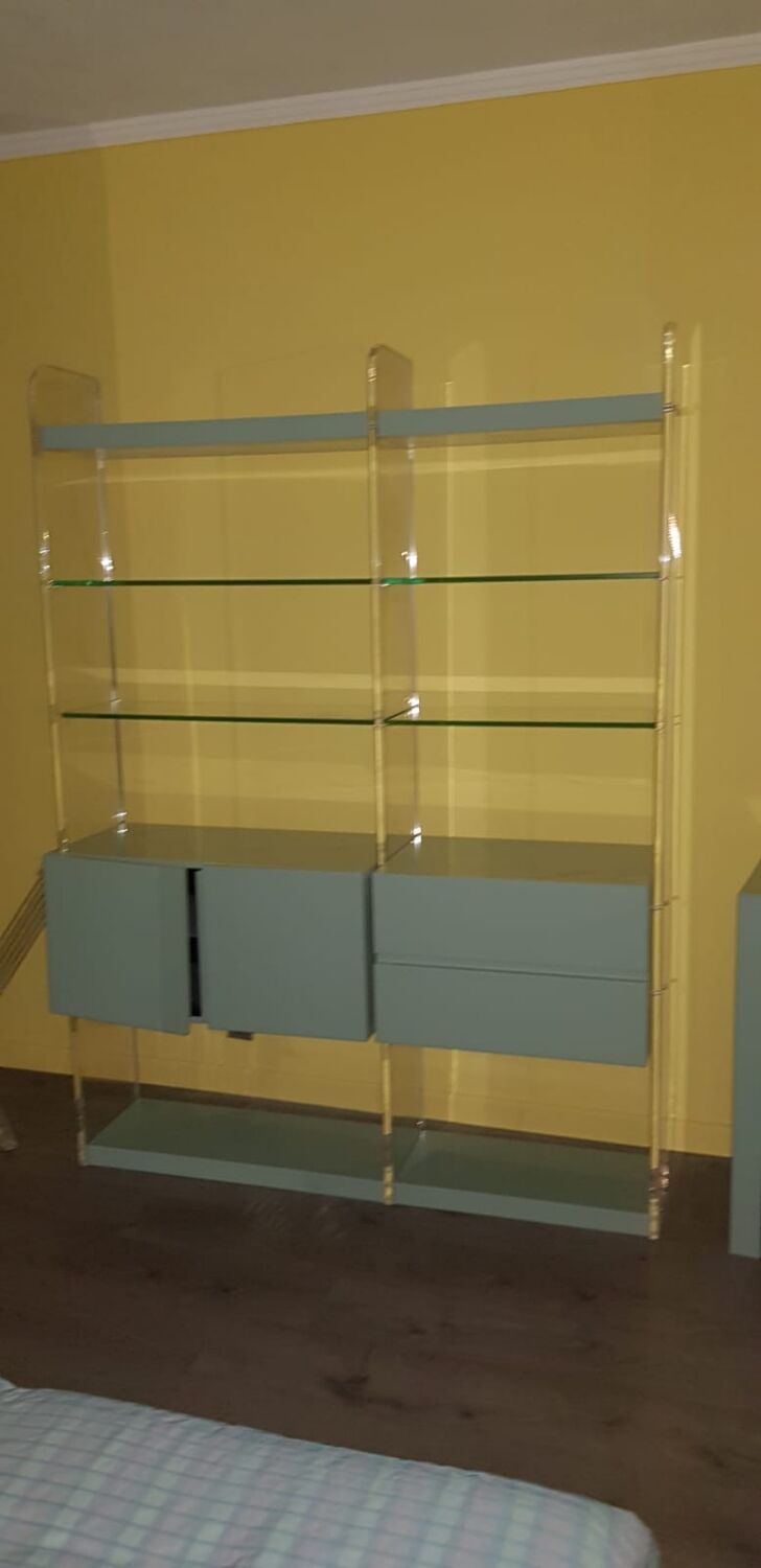 Plexiglas, glass and wood designer shelf
