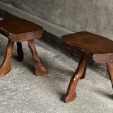 Pair of tripod stools in solid oak, France 1940s