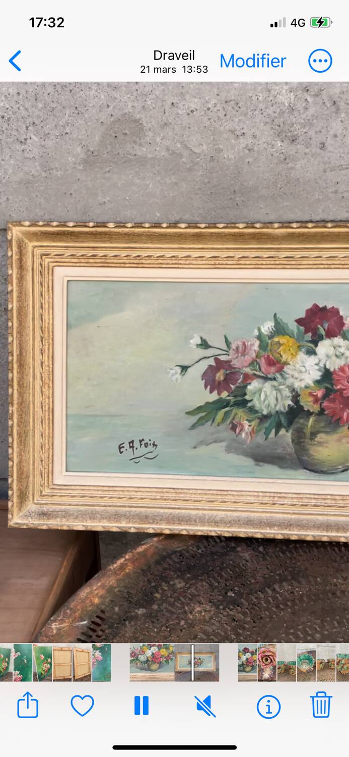 Large vintage painting of a bouquet of flowers signed EA Foix