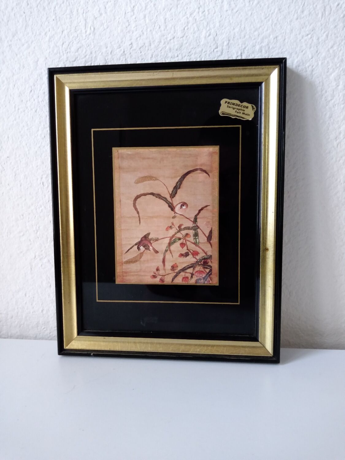 Frame decoration birds black and gold handmade screen printing France