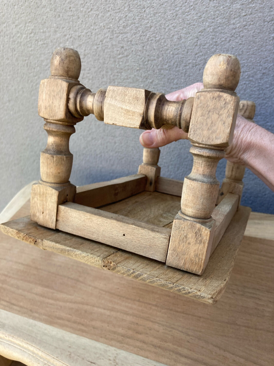 Small stool rustic raw oak sculpted top