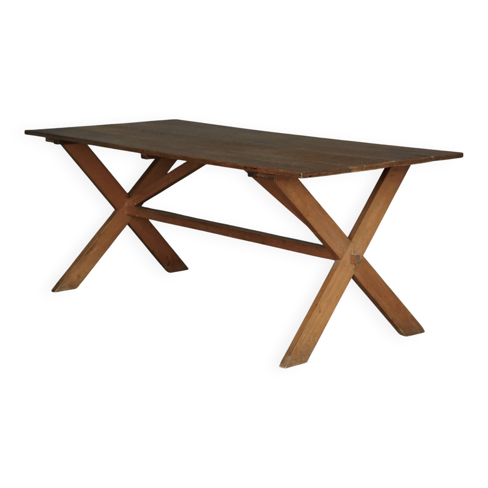 Rustic wooden Farmhouse X-frame Dining Table. 1940s