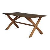 Table de salle à manger rustique en bois, à structure en X. Années 1940.