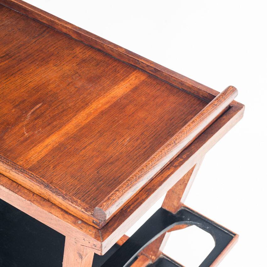 Vintage oak bar cart with removable tray. France 1950s.