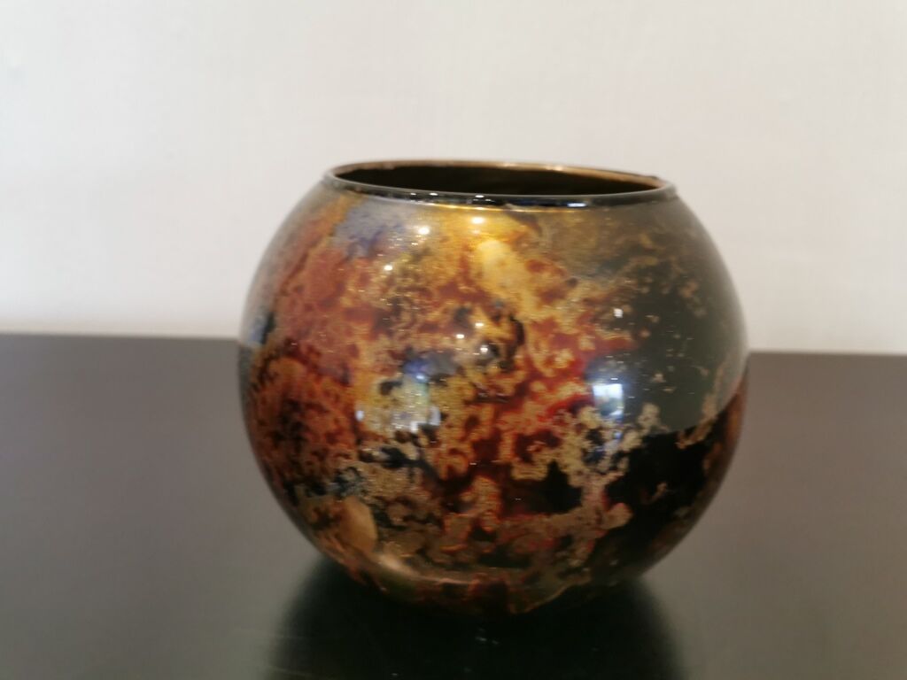 Glass ball vase signed Laque line