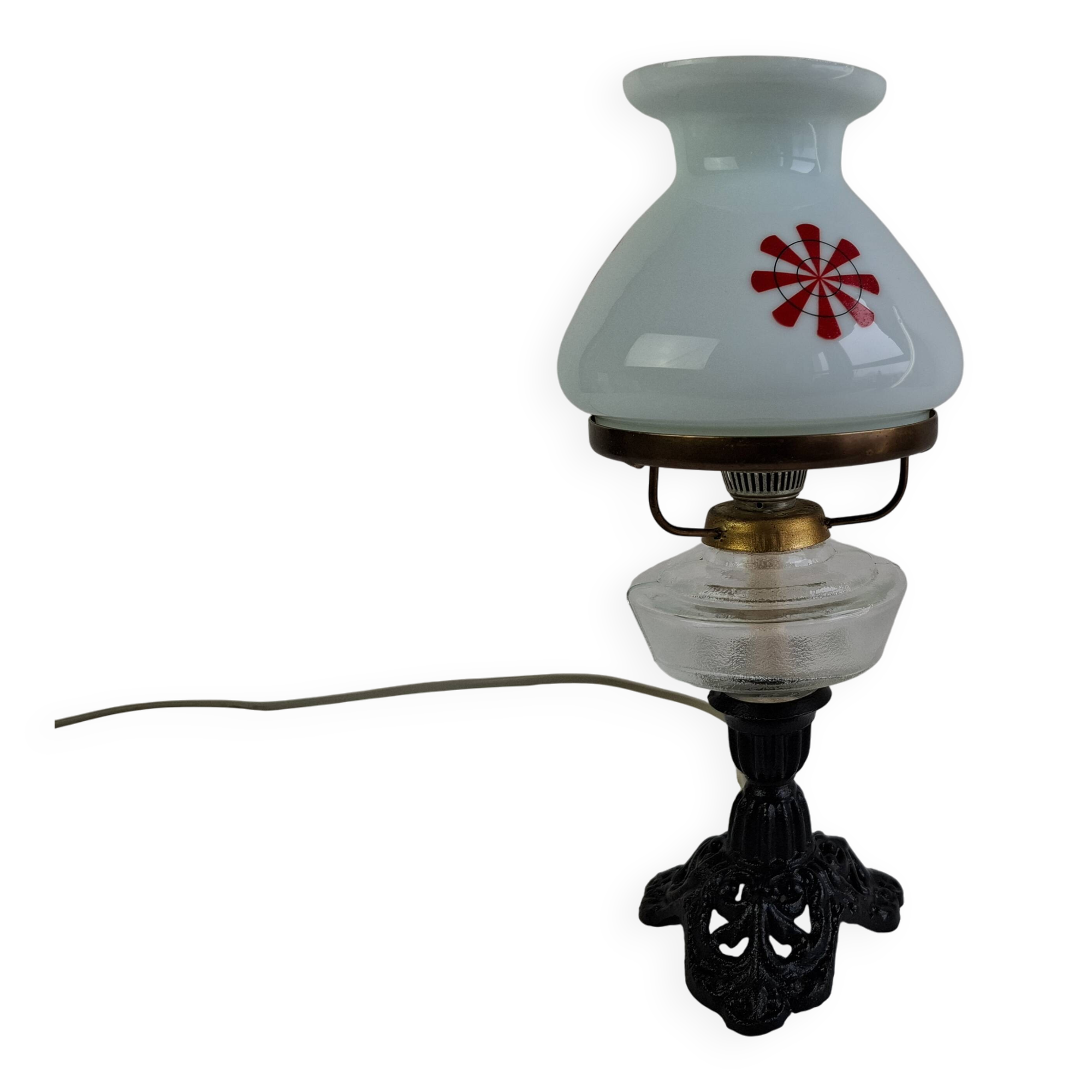 1960s Czechoslovakian milk glass oil lamp style table lamp with red windmill