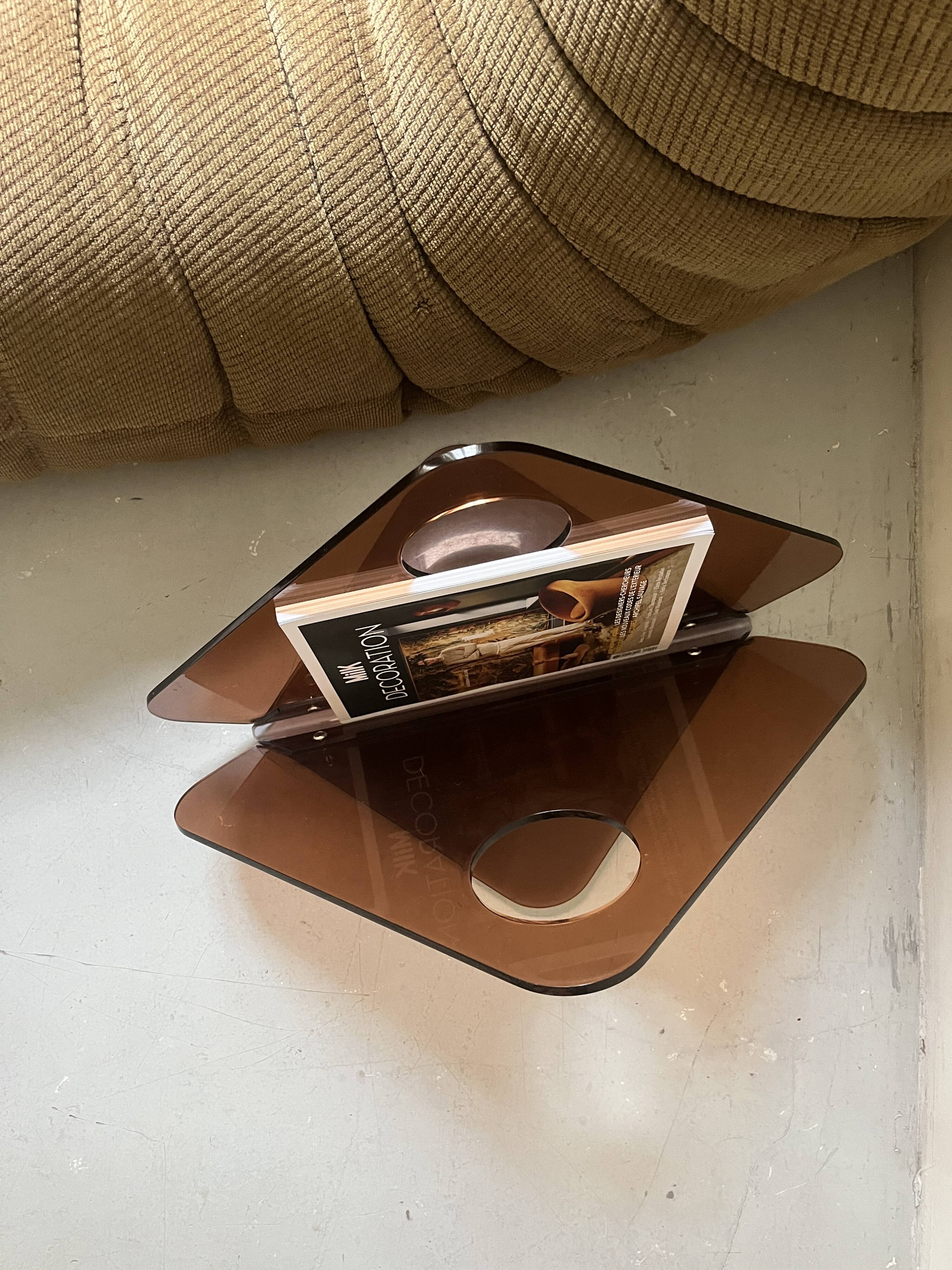 magazine holder in smoked plexiglass, design 1970