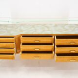 1960s italian sideboard/chest of drawers in high gloss finish with glass top and shelf