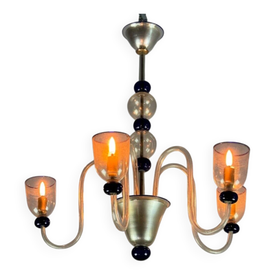 Lustre vénitien en verre de Murano doré et bleu foncé, 5 bras de lumière, vers 1960