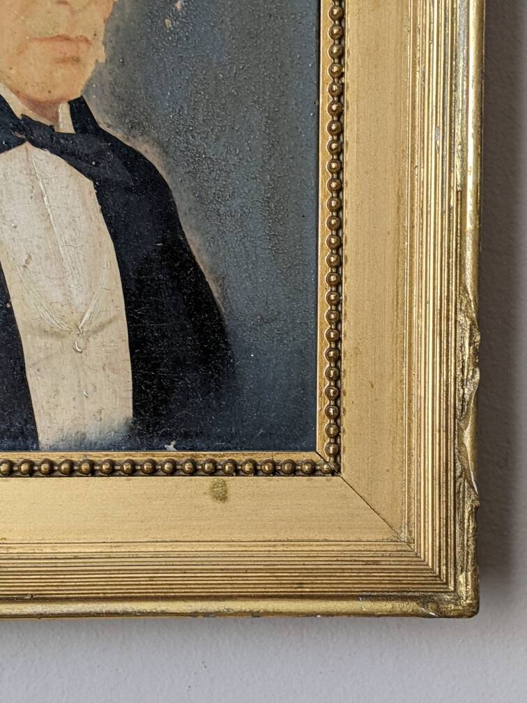 Oil on panel, old portrait, gilded wooden frame, country decoration