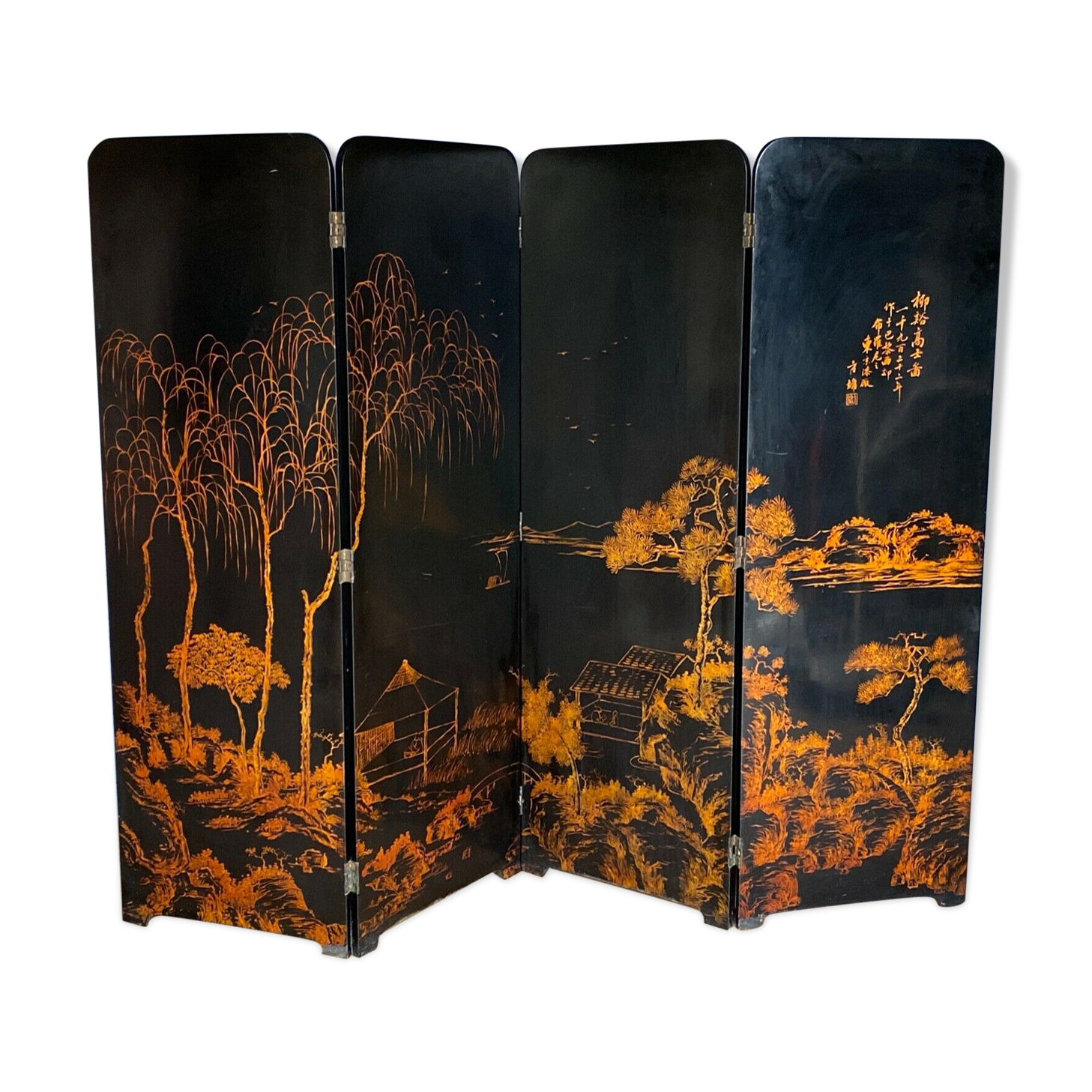Lacquer screen 1900 4 leaves china tops