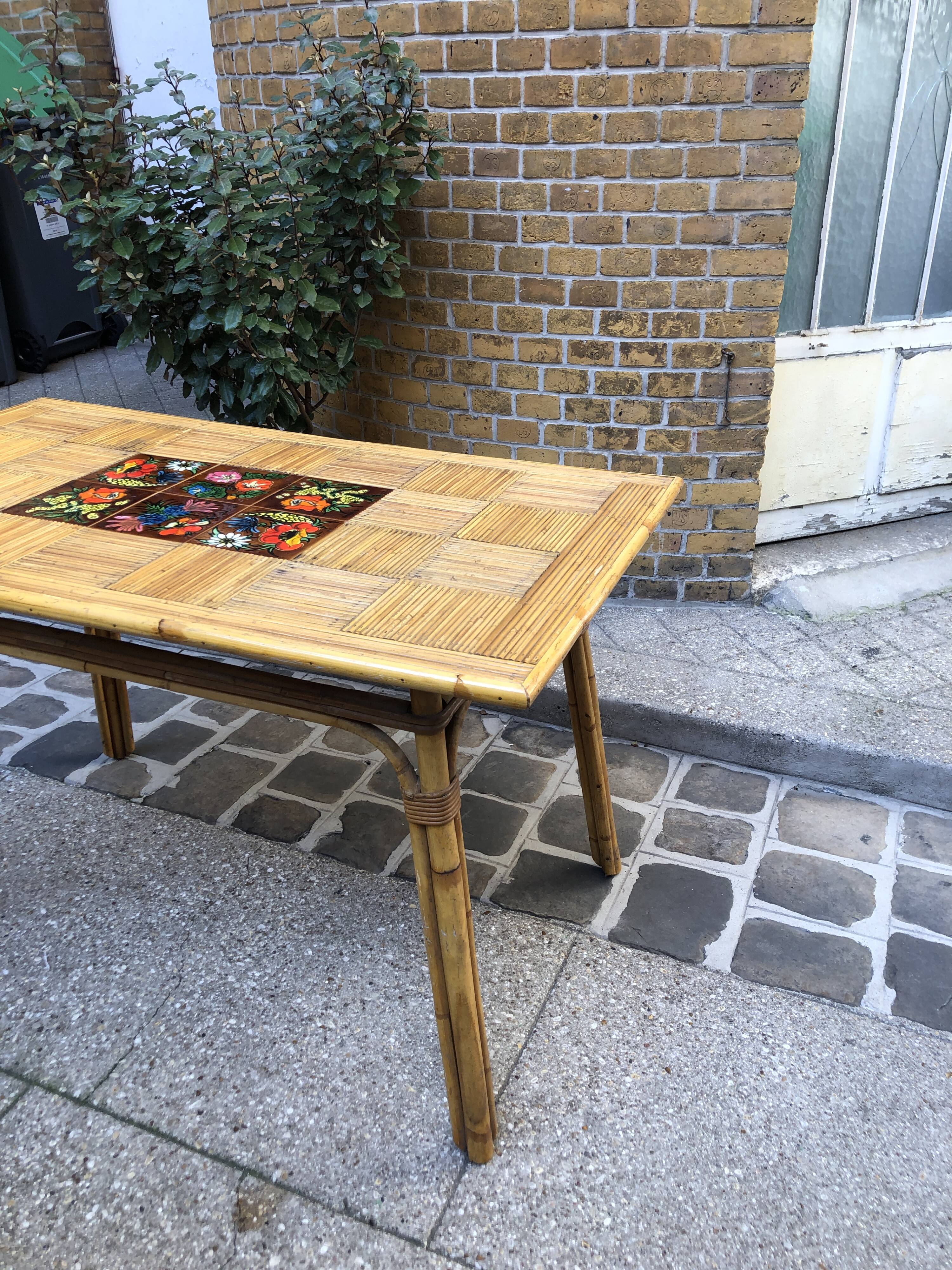 Vintage bamboo, rattan and Vallauris tiles table