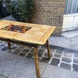 Vintage bamboo, rattan and Vallauris tiles table