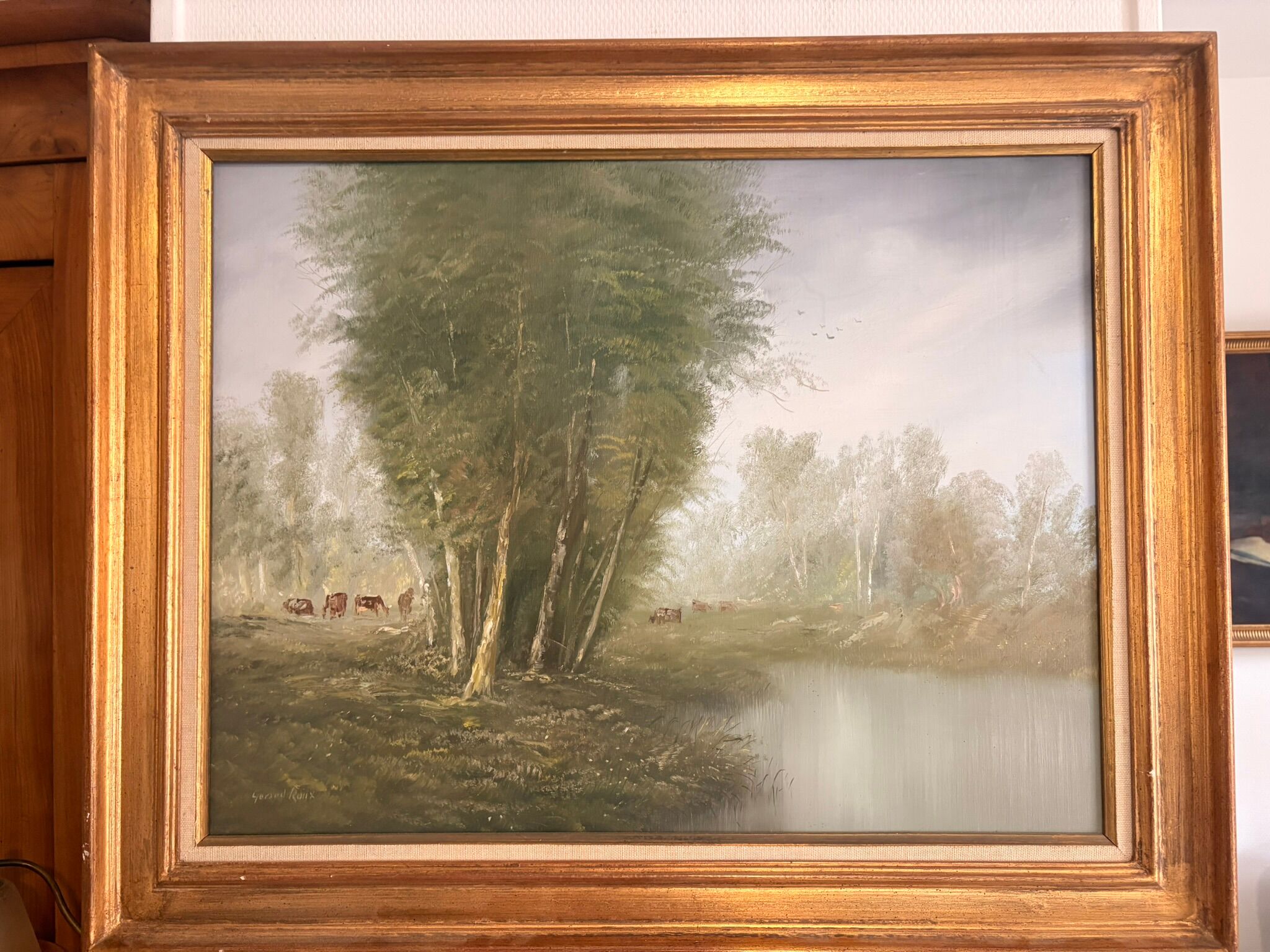 Old Oil Painting Canvas Pastoral Landscape Cow Gérard Roux