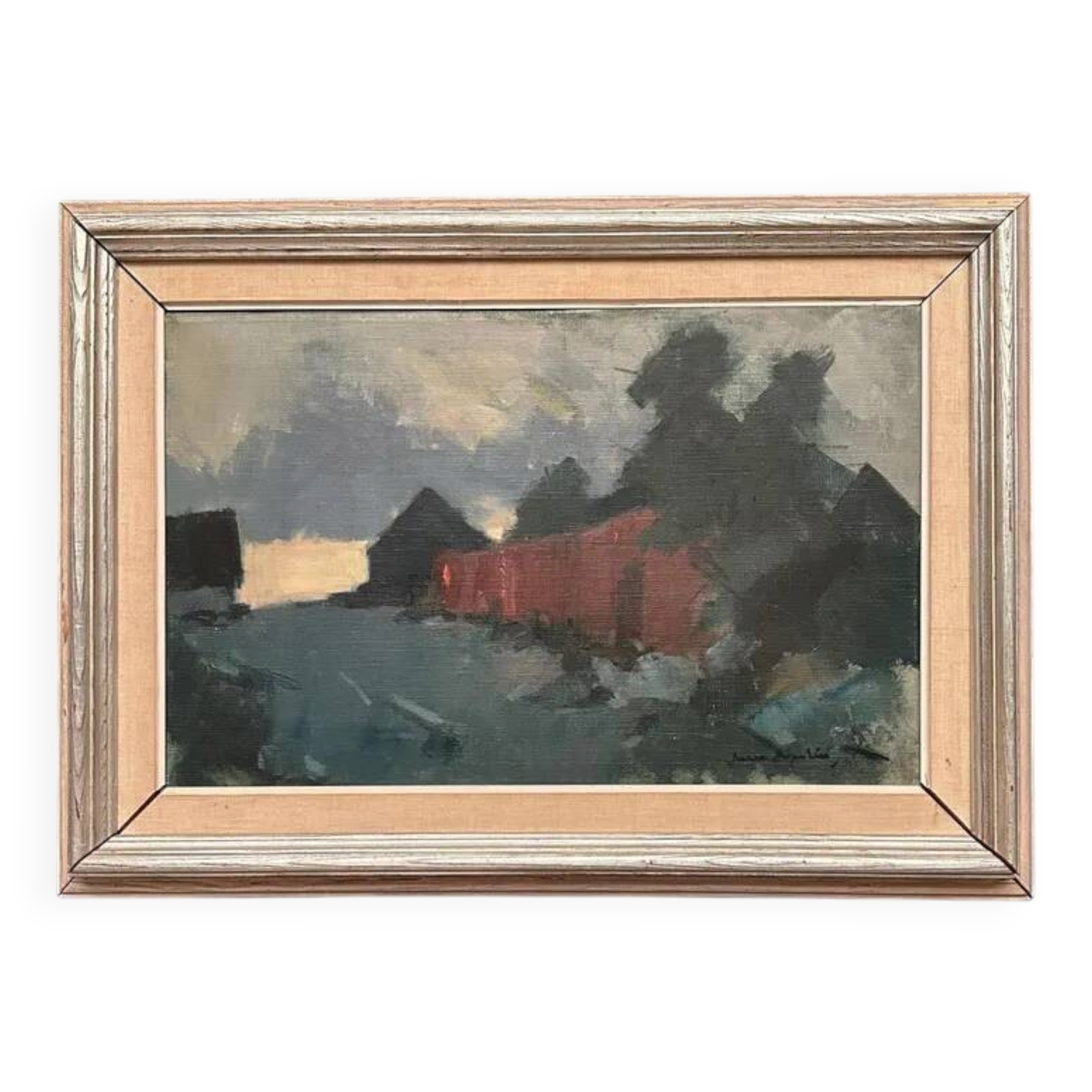 Original Swedish Oil on Canvas – “Red Barn” by Arne Aspelin – Signed – Vintage & Framed – 70 × 50 cm (27.6" × 19.7")