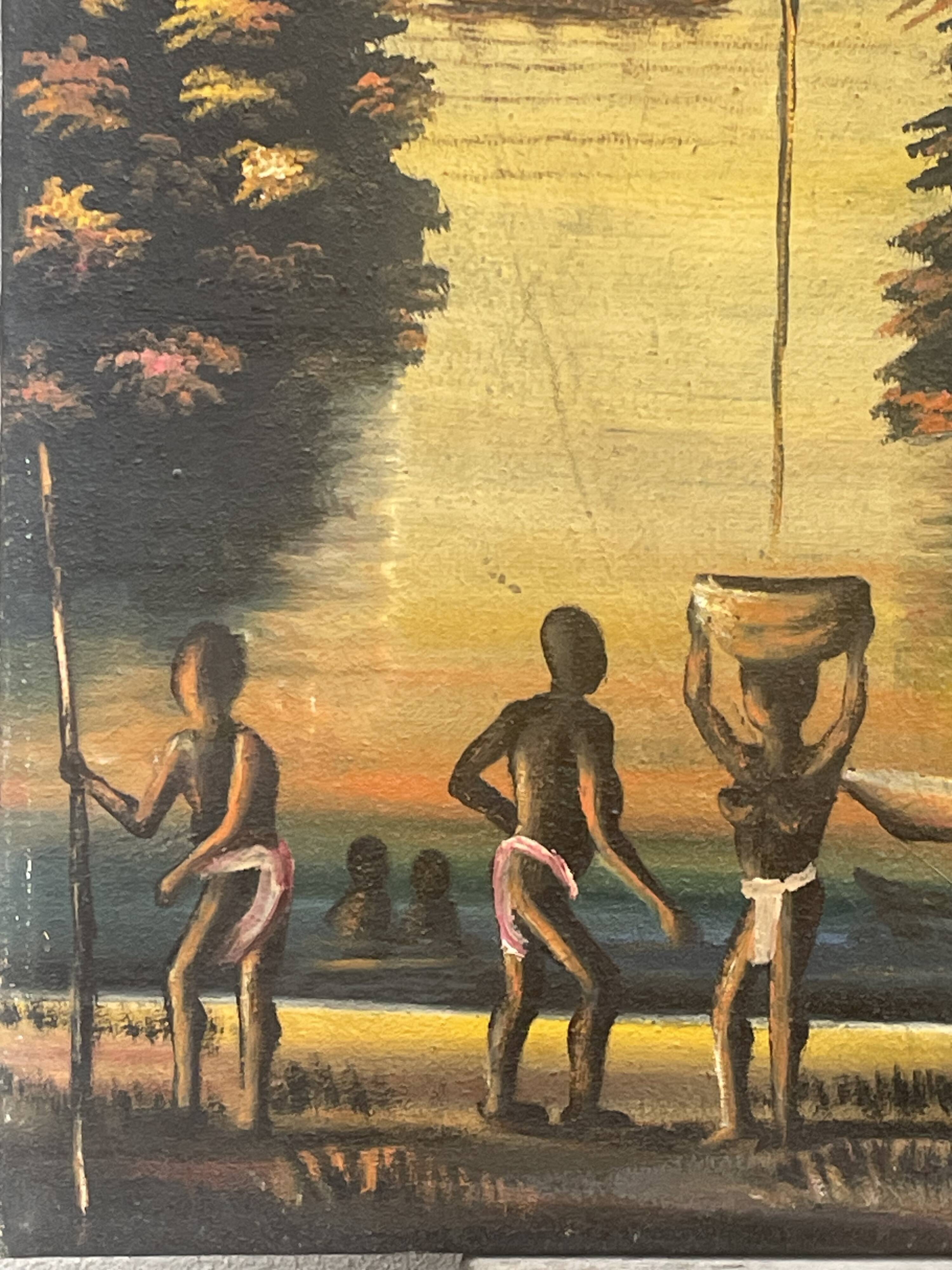 Old african canvas under lively woods in tropical and lush forest signed to identify