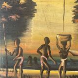 Old african canvas under lively woods in tropical and lush forest signed to identify