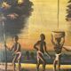 Old african canvas under lively woods in tropical and lush forest signed to identify