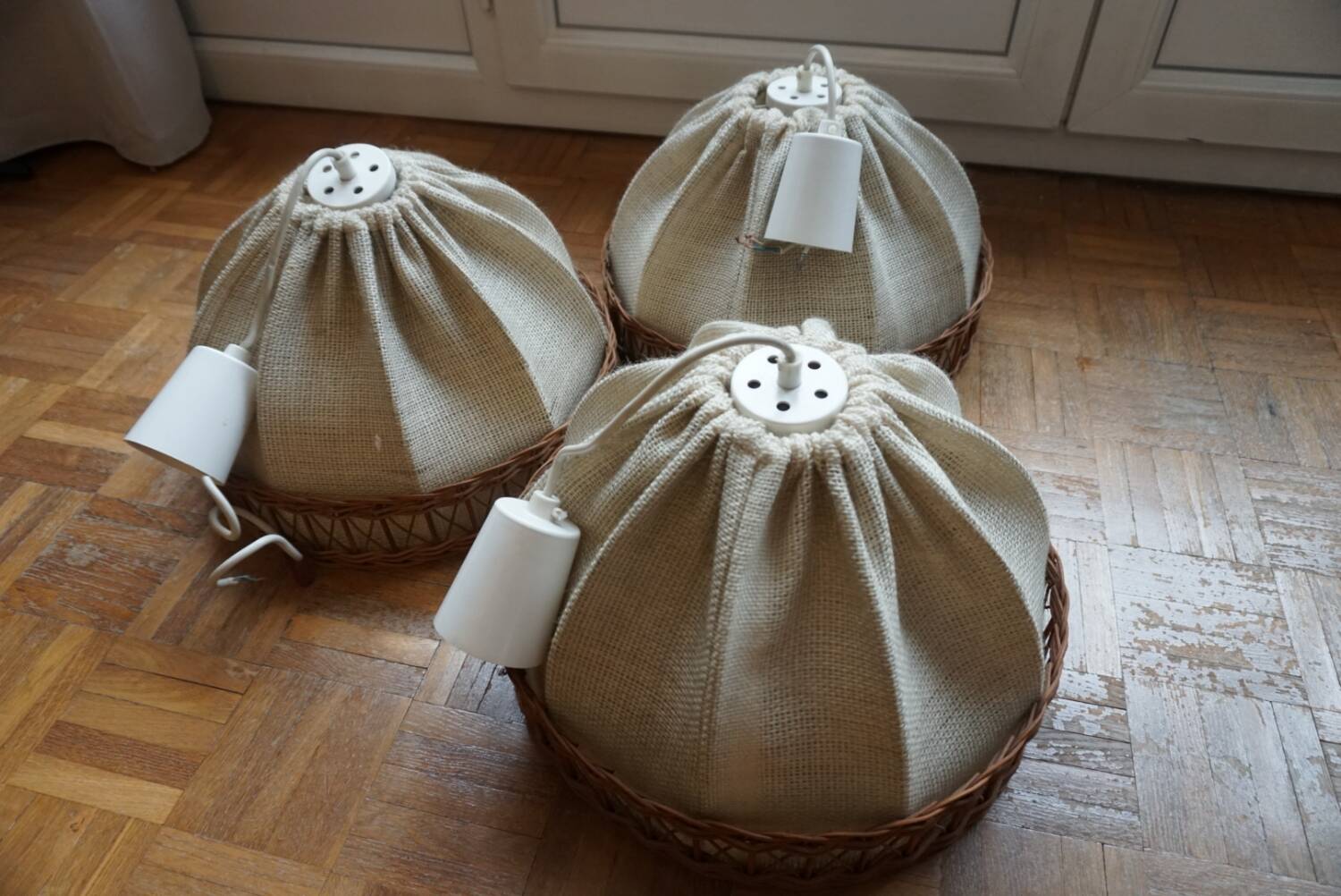 3 70s pendant lights - fabric and rattan